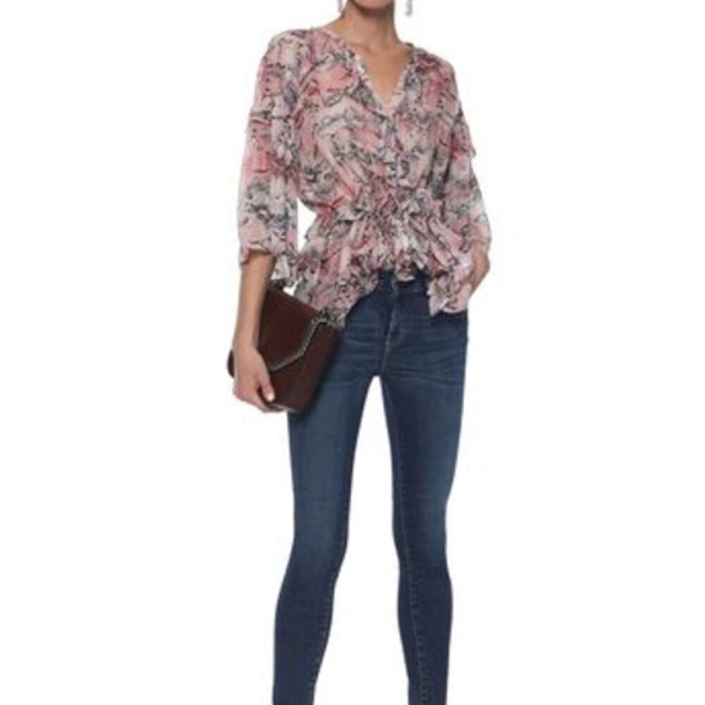 IRO Reopam 100% Silk Designer Pink Snake Print Ruffle Sheer Blouse Size 38